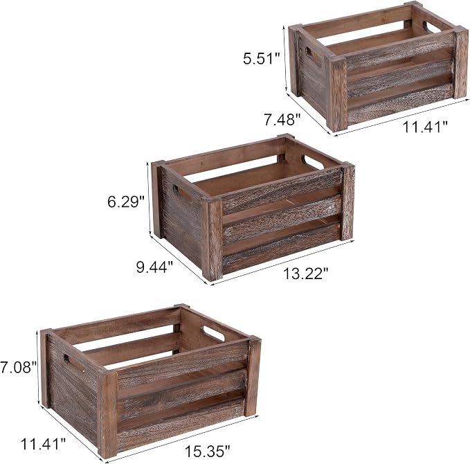 Set of 3 Nesting Wooden Crates, Small Rustic Farmhouse Wood Storage Boxes with Handles, Stackable Compact Organizer Bins for Kitchen Bathroom Bedroom Decor, 3 Sizes & 3 Colors (White, Brown, Black) - Image 2