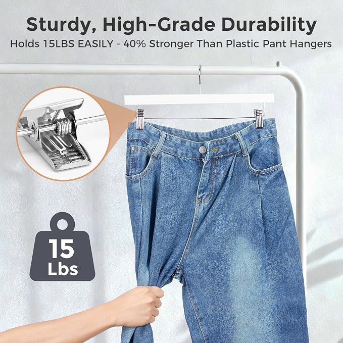 HOUSE DAY Wooden Pants Hangers with Clips, 100 Pack Skirt Hangers, White | 14-Inch Wood Hangers with Adjustable Non-Slip Metal Clips & 360° Swivel Hooks, Heavy Duty for Jeans, Slacks, Trousers, Shorts - Image 3
