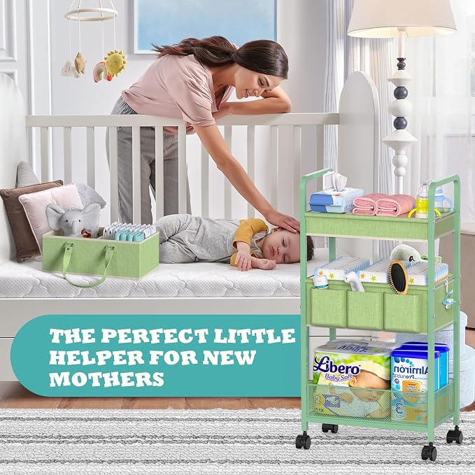 2in1 Baby Diaper Caddy Organizer Cart, 3-Tier Rolling Cart, Metal Diaper Caddy Carts, Bedside Carts for Nursery Essentials Storage, Detachable Dividers, Large Capacity, Green - Image 4