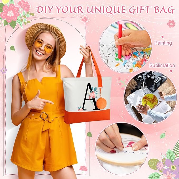 Sanwuta Canvas Tote Bags Bulk with Zipper and Plush Coin Purses 18.5" Reusable Cotton Shopping Bags with Handle for DIY Craft - Image 7