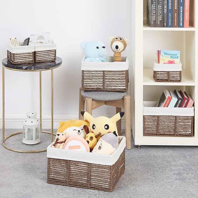 Wicker Storage Basket, 6 Pack Baskets for Organizing, Wicker Baskets with Handle, Rectangular Woven Basket for Storage Shelves, Cube Storage Bins for Closet/Clothes/Dresser, Brown - Image 6