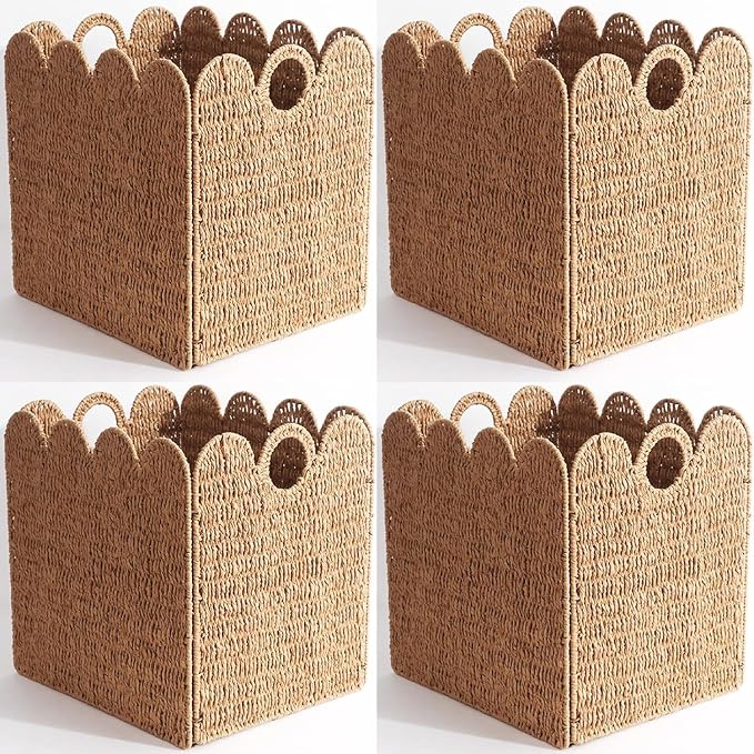 Scalloped Wicker Storage Cubes Basket, 12”x12“ Heavy Duty Paper rope/Hyacinth/Seagrass Baskets for Shelves, Foldable Natural Boho Square Bins (Paper Rope&12 x 12 x 12in&4-Pack) by Unknown