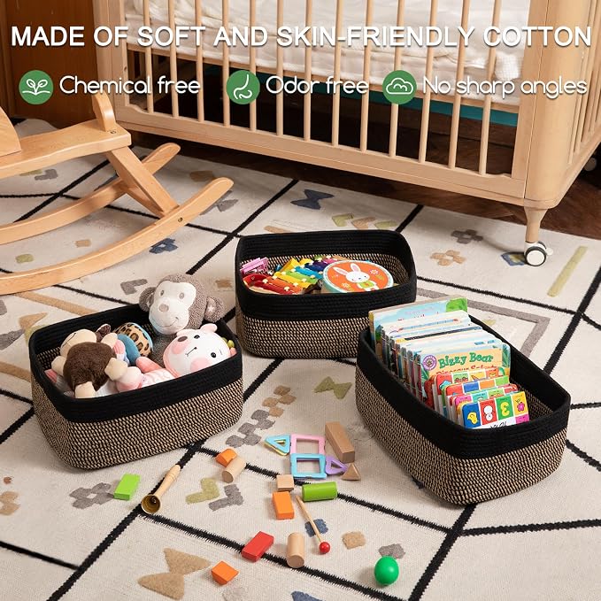OIASKET Storage Baskets for Organizing 3 Pack, Woven Baskets for Shelves, | Closet Organizer Bins with Handle, Empty Gift Basket, Toy Storage for Toys, Blankets, Towels, Clothes, Books, 15"x11.42"x6.7" - Image 3