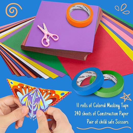 Craftzilla Arts and Crafts Kit for Kids – 11 Colored Masking Tape Rolls, 240 Sheets Construction Paper Assorterd Colors, Kid-Safe Scissors – All-in-One Kids Art Supplies Set - Arts and Craft Supplies - Image 2