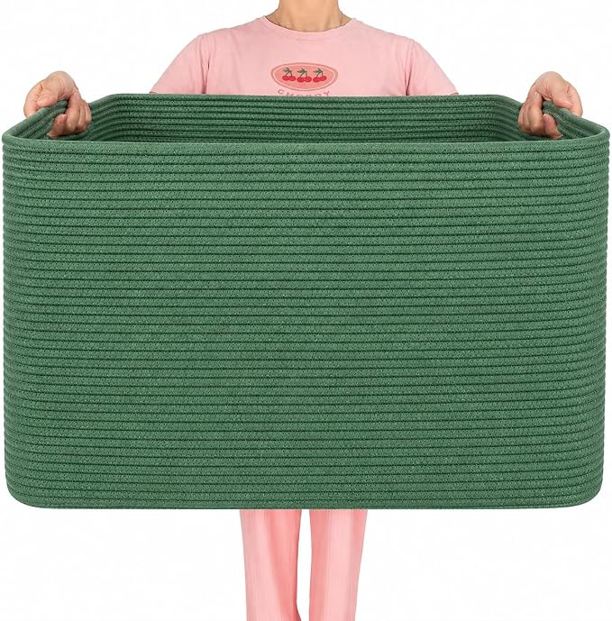 112L Extra Large Blanket Basket Holder Living Room, 25"x17"x16" Rectangle Rope Woven Storage Basket with Handles for Laundry, Towels, Shoes, Dog Toy Organizer Bin Box, Green by MINTWOODDesign