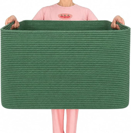 112L Extra Large Blanket Basket Holder Living Room, 25"x17"x16" Rectangle Rope Woven Storage Basket with Handles for Laundry, Towels, Shoes, Dog Toy Organizer Bin Box, Green by MINTWOODDesign