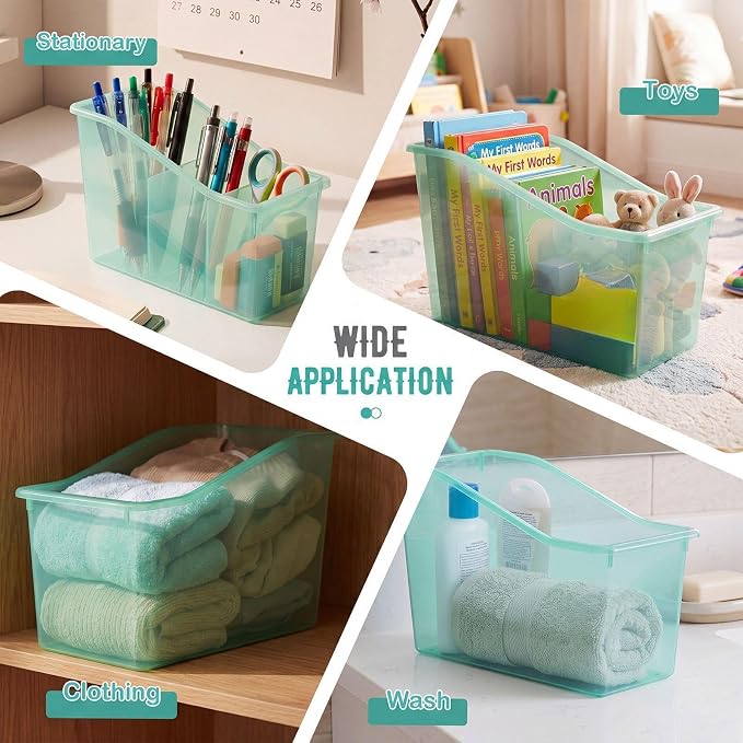 Geetery 12 Pcs Book Bin for Classroom with Labels Stackable Plastic Organizing Bins 11.5 x 5.4 x 7.5 in Book Holders Storage Bins Box Baskets for Classroom Library Home (Blue-Green) - Image 5