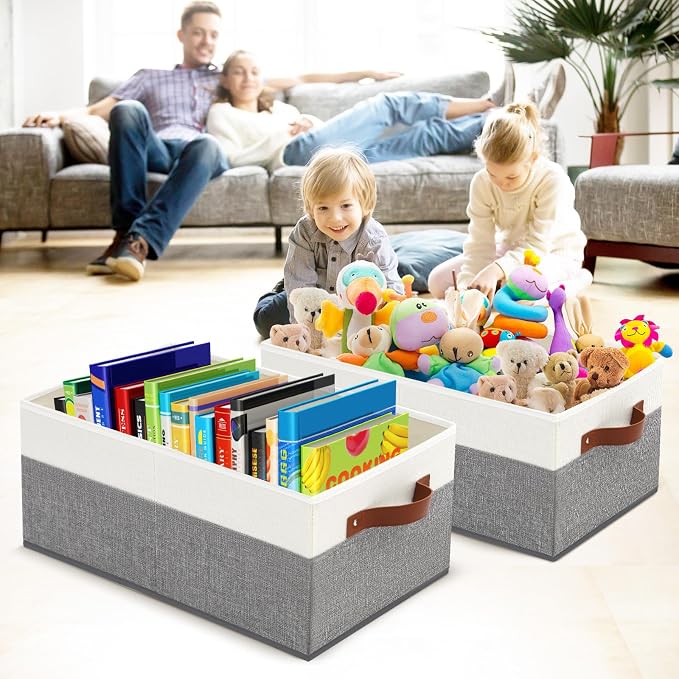 3 Pack Large Capacity Storage Bins Closet Organizer for Shelves | Fabric Closet Storage Baskets Boxes with Leather Handles for Organizing Clothes, Sheets, Jeans, Toys, Books (Grey) - Image 5