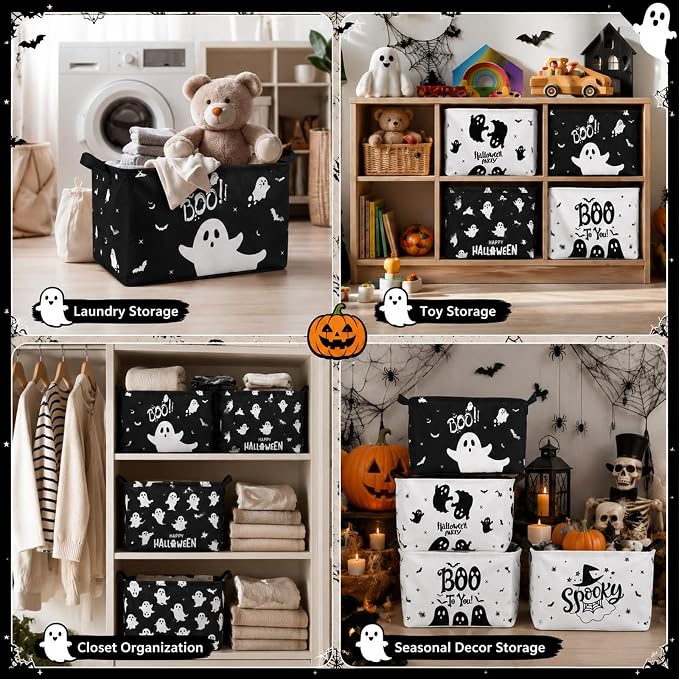 CHENGU 6 Pack Halloween Storage Basket Ghost Gift Basket for Holiday Decor Collapsible Shelf Baskets Cube with Handle for Home Office Bedroom Dorm Closet Shelf - Image 6