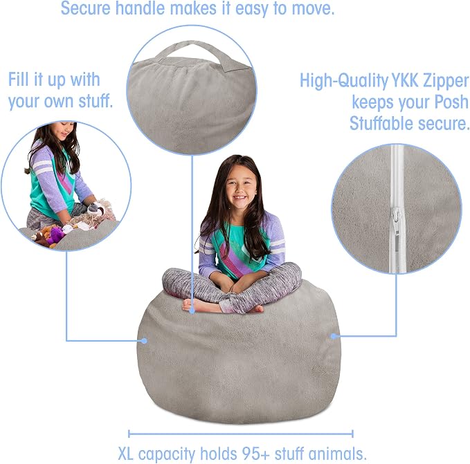 Posh Creations Stuffable Kids Stuffed Animal Storage Bean Bag Chair Cover - Childrens Toy Organizer, Large 38" - Soft Faux Rabbit Fur Gray - Image 2