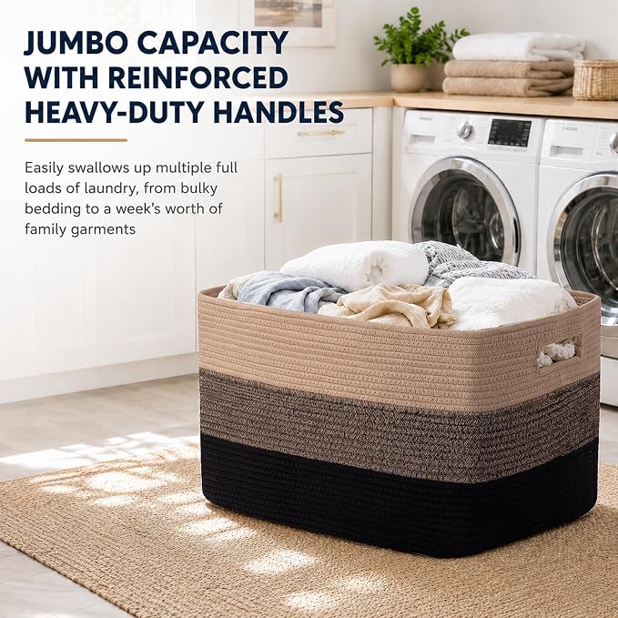 OIAHOMY Blanket Basket Laundry Basket Dog Toy Basket 75L Yellow Black | Large Storage Basket,Baby Basket,Toy Storage,Woven Rope Basket for Blankets,Blanket Storage for Living Room - Image 6