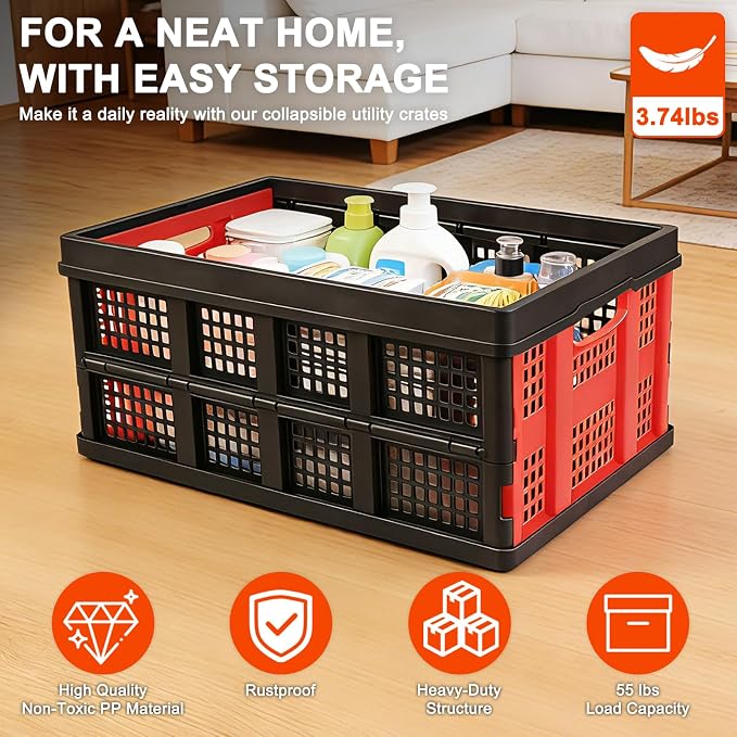 55L Collapsible Storage Bins with Handle 3 Packs, | Stackable Platic Storage Crates for Organizing Tools, Books, Food, Drinks, Camping & Home - Image 5