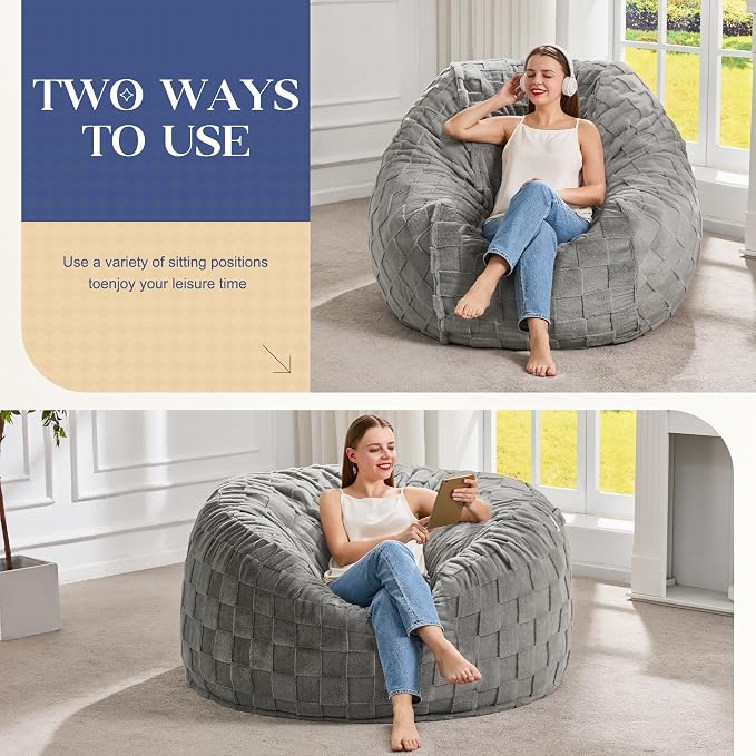 Hobestluk Adults Bean Bag Chair 4FT Big BeanBag Chair Extra Large Oversized | Memory Foam,Washable Cover,Unique Fluffy Plaid,Comfy Adult Bean Bag with Filler Gaming Reading Bedroom Living Room | Grey 4FT - Image 3