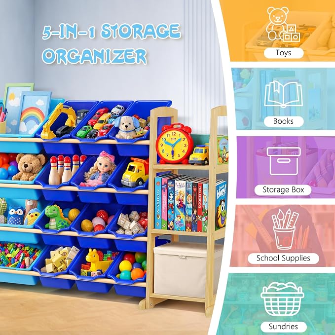 Kids Toy Storage Organizer with Bookshelf – Wooden Shelf with 16 Bins & 3 Shelves, Quick Assembly Storage Rack for Playroom, Bedroom, Nursery - Blue - Image 6