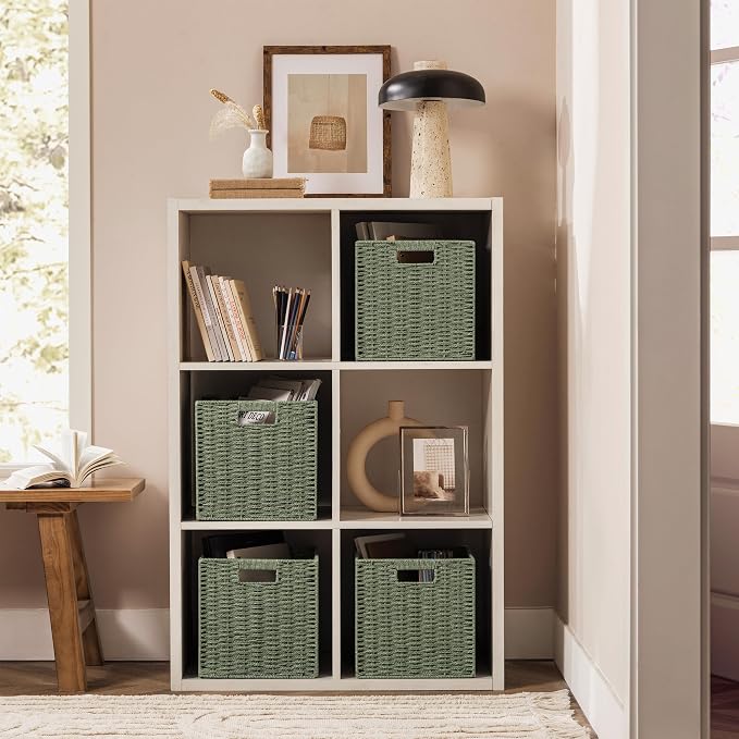 UBBCARE 3 Pack Wicker Basket, 11L×11H×10.5W inch Woven Paper Rope Storage Baskets for Shelves, Foldable Cube Storage bin with Handle, Storage Basket for Organizing & Decor, Green - Image 6