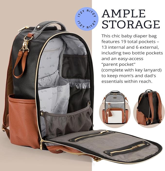 Itzy Ritzy Boss Plus Diaper Bag Backpack with 19 Pockets (Coffee & Cream) | Large Diaper Bag Backpack Includes 2 Insulated Bottle Pockets, Changing Pad, Stroller Clips, Padded Straps, Travel-Ready - Image 7