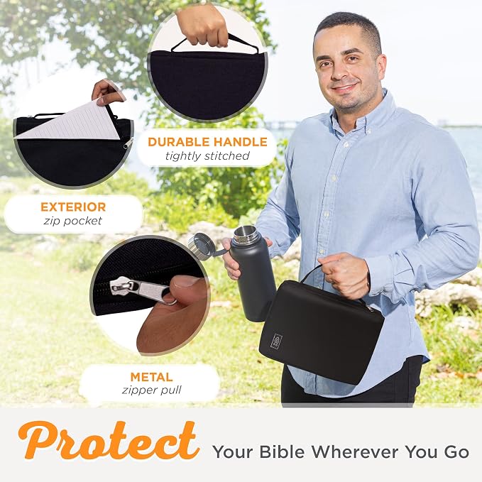Christian Art Gifts Men or Women's Bible Cover Secure Zipper Jesus Fish, Black Canvas, Medium - Image 5