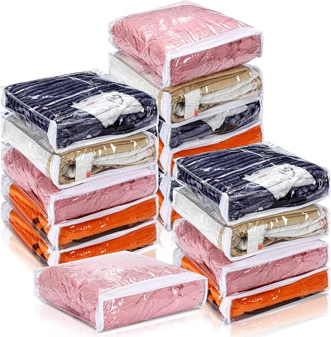 Kingdder 16 Pcs Clear Zippered Storage Bags Plastic Sweater Bag with Zipper | 10 x 10 x 2.5 Inch Vinyl Sheet Organizer and Storage for Clothing Blankets Sheet Linen Bed Pillow Cube Organizer by Kingdder