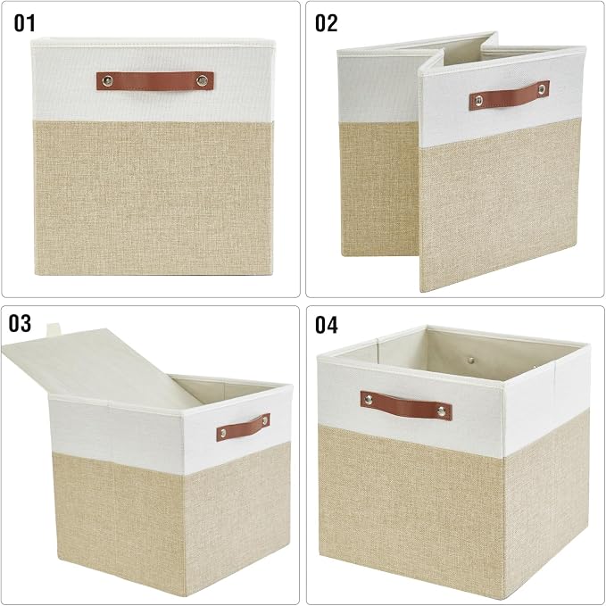13x15x13 Storage Cube Bins, Foldable Storage Organizer Baskets, Fabric Cube Storage Boxes with 2 Reinforced PU Handles for Kallax, Shelves, Living Room | 4 Pack, Beige & White - Image 6
