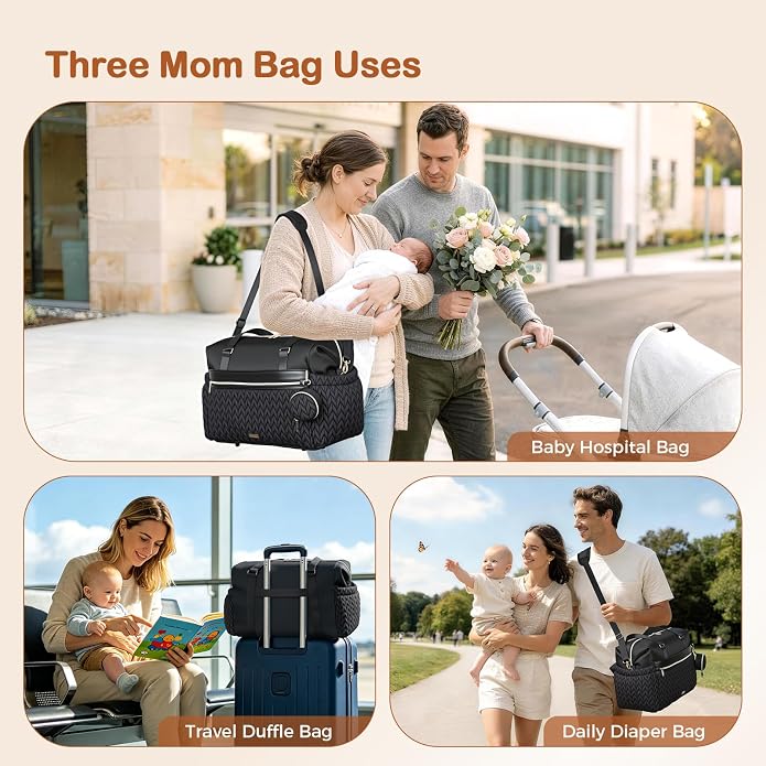 Lekesky Diaper Bag Tote, Large Diaper Bags Waterproof | Hospital Bag for Labor Delivery, Baby Bag with Pacifier Case, Travel Diaper Tote with Changing Pad, Black - Image 3