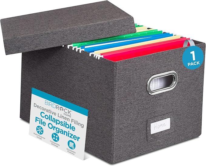 Internet's Best Collapsible File Storage Organizer | Decorative Linen Filing & Storage Office Box | Letter/Legal | Grey by BIRDROCKHOME