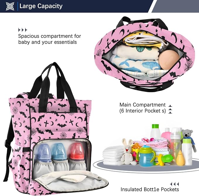 Mnsruu Diaper Bag Pink Goth with Bats Large Changing Backpack Multifunction Travel Tote Mommy Bag Baby Diaper Backpack for Mom Dad - Image 4