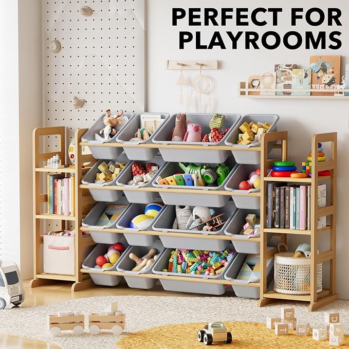 SpaceAid Toy Storage Organizer with 6 Shelves and 16 Bins, Toy Organizers Storage Bookshelf, Kids Bin Shelf Toys Box Bookcase for Bedroom Playroom Organization Room Decor, Neutral Gray - Image 5