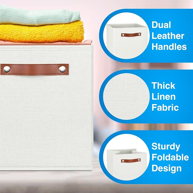 13x13 Storage Cubes - 6 Pack - Linen Fabric 13 Inch Cube Storage Bins for Bedroom, Living Room, Clothes and Toys; Foldable, Dual Leather Handles - Image 3