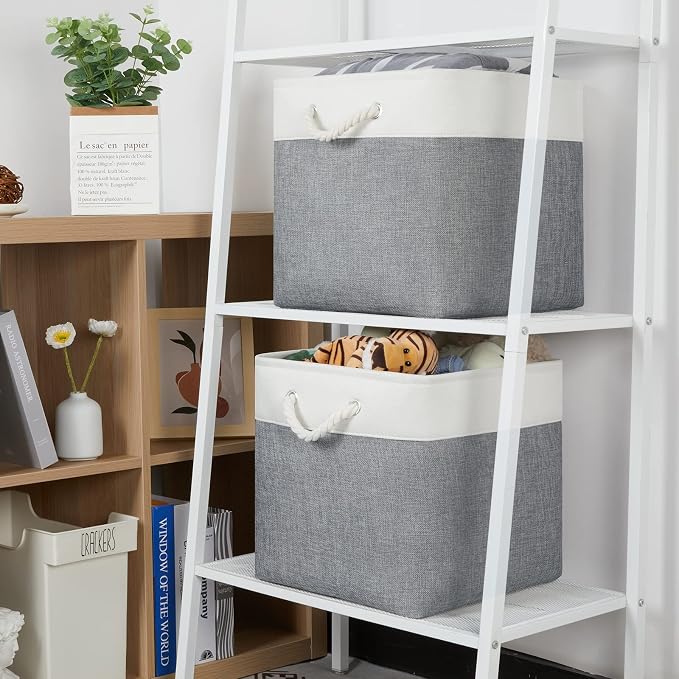 Temary Fabric Baskets 13 Inch Cube Storage Baskets with Rope Handle, Storage Cube Bins Clothes Basket for Gift, Large Storage Bins for Storage Books, Blankets (White&Gray) - Image 3