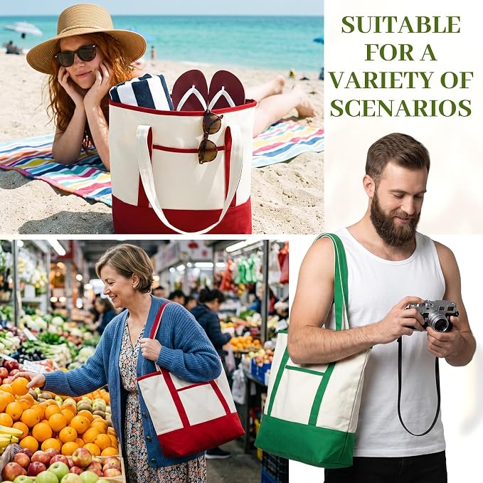 Sanwuta Canvas Tote Bags Bulk with Outer Pockets,Red Green,12 Pack | Reusable Cotton Grocery Bags, Perfect for Teachers, Party Giveaways, DIY Crafts, Wedding Favors, Business Gifts - Image 2