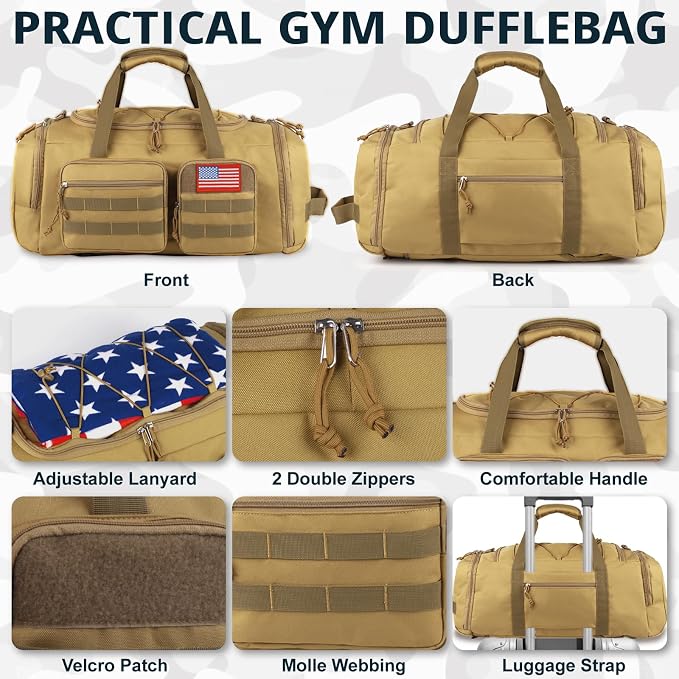 Tactical Gym Bag for Men,70L Large 3-in-1 Sports Duffle Bag for Travel Gym | Water Resistant ,Adjustable Shoulder Strap,MOLLE Weekender Overnight Bag with Shoes Compartment,Gym Backpack for Gym,Travel - Image 6