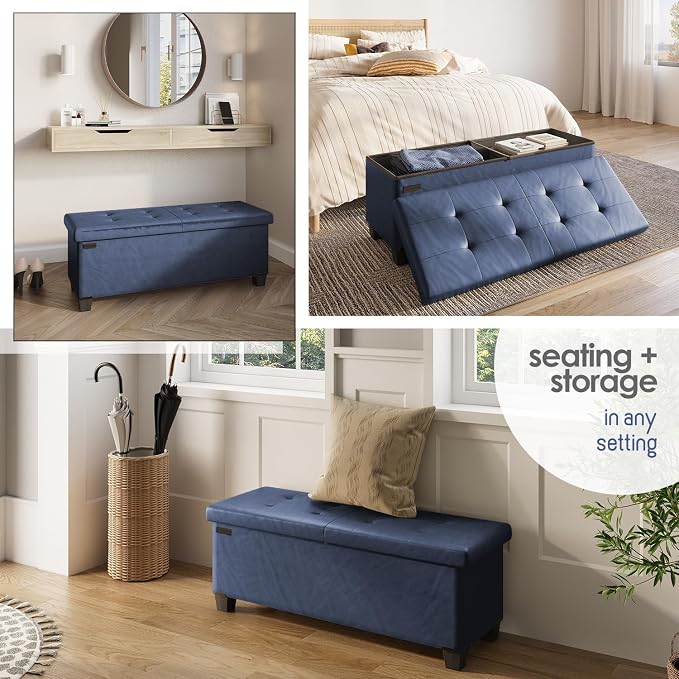 Storage Ottoman Bench with Bins, 43-in Storage Bench for Bedroom End of Bed, Folding Foot Rest Ottoman for Living Room Max 660lbs, Leather Ottomans, Blue - Image 5