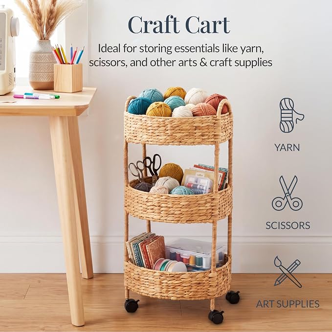 Best Choice Products 3-Tier Round Rolling Nursery Caddy w/Wheels, Handwoven Utility Cart, Storage Organization for Bathroom, Craft Room, Laundry Room - Natural - Image 5