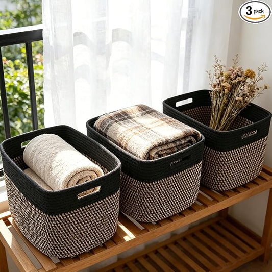 3 Pack Woven Baskets,Storage Baskets for Shelves with Handles | 13.5"×11"×9.5", Closet Baskets, Nursery Organizer for Toys Towels Books, Storage Bin for Living Room Bedroom (Black & Jute) by HZFTJOY
