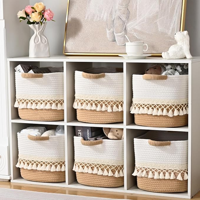 6 Pack Storage Basket for Shelves, Boho Cotton Rope Storage Bins with Heavy Tassel, Shelf Baskets Large Woven Baskets for Organizing, Cube Organizer Bins, Baby Laundry Basket for Clothes, Toys, Pets - Image 3