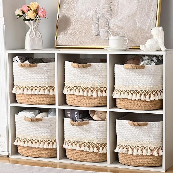 2 Pack Storage Basket for Shelves, Boho Cotton Rope Storage Bins with Heavy Tassel, Shelf Baskets Large Woven Baskets for Organizing, Cube Organizer Bins, Baby Laundry Basket for Clothes, Toys, Pets - Image 6