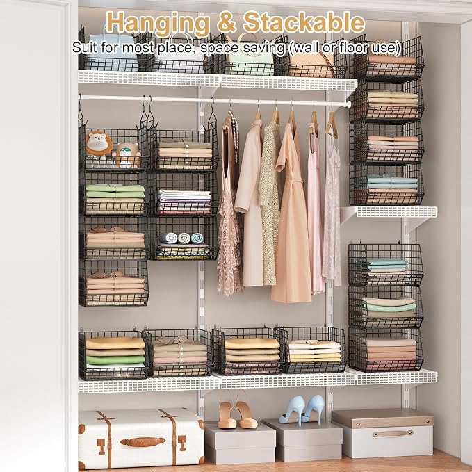 6 Tier Closet Hanging Organizer, Clothes Hanging Shelves with 4 Hanging Hooks 5 S Hooks, Wire Storage Basket Bins, for Clothing Sweaters Shoes Handbags Clutches Accessories Patent Design-Black - Image 2