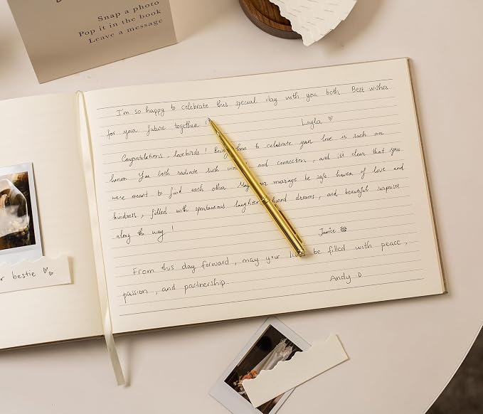 Real Linen Guest Book Set - 11.5 x 8.5 Embossed Guestbook for Weddings, Showers, Events, Blank & Lined, Comes with Sign, Pen, Box and Photo Sleeves, 120 Pages (Beige) - Image 7