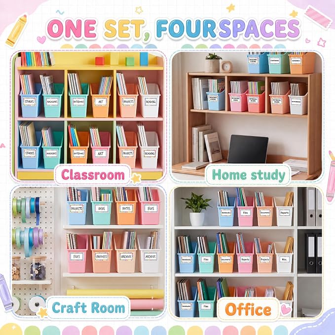 Blosssound 24 Set Book Bins for Classroom Stackable,Cloud Pastel | Plastic Baskets with Labels, Slanted Front, Library Supplies Organizers, Desktop Storage Bins, Teachers Home School Use - Image 4