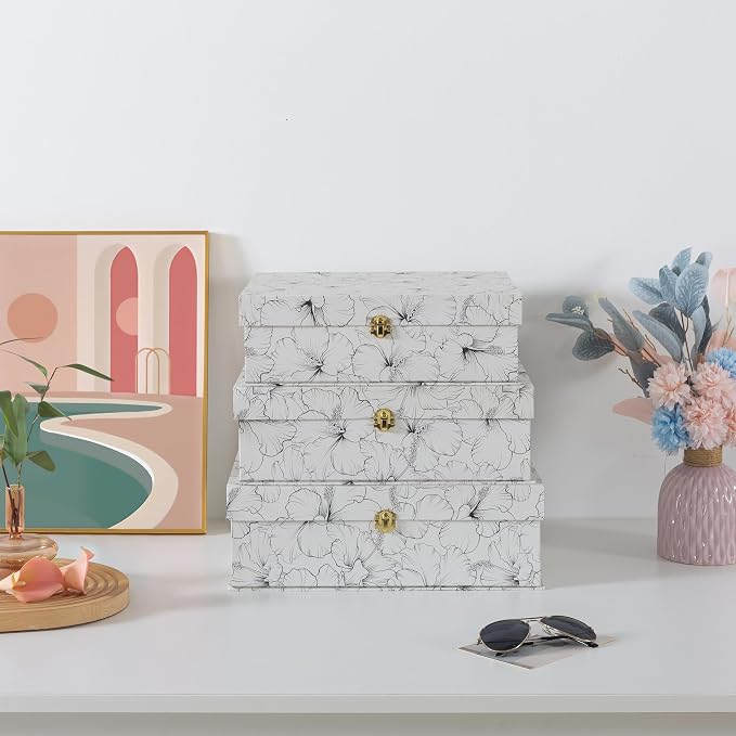 Soul & Lane - Black and White Floral Boxes with Gold Hardware, Set of 3 | Large Stacking Keepsake Boxes with Lids for Home Decor and Organizing, Elegant Cardboard Memory Storage Trunks - Image 7