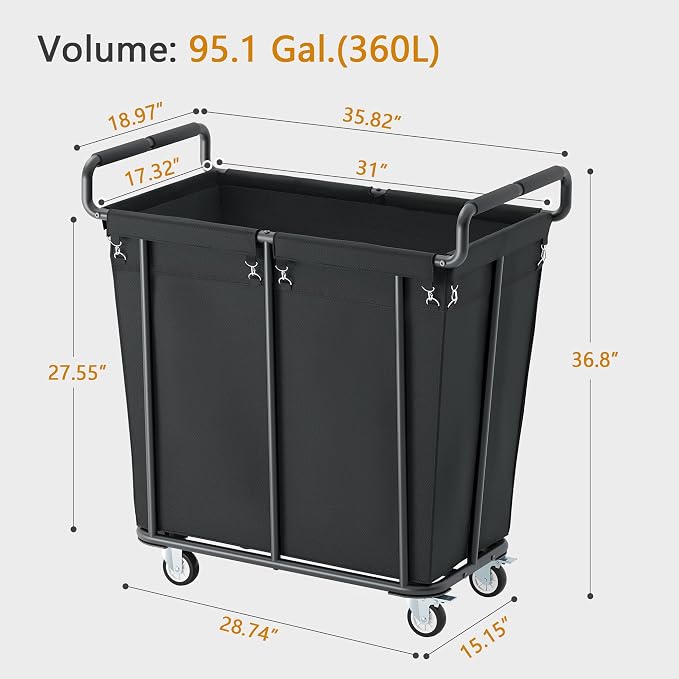 Gewudraw Extra Large Laundry Hamper with Wheels, Heavy Duty Hamper, 360L | Rolling Big Laundry Basket for Clothes Storage, Laundry Cart with Handle, Steel Frame, Clothes Hampers for Laundry - Image 5