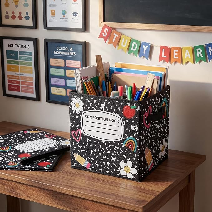 6 Pcs 11 Inch Composition Notebook Fabric Storage Cube Bin with Handle Foldable Composition Classroom Container Cubby Basket Bin for Back to School Decoration Office Home Nursery Organizer - Image 3