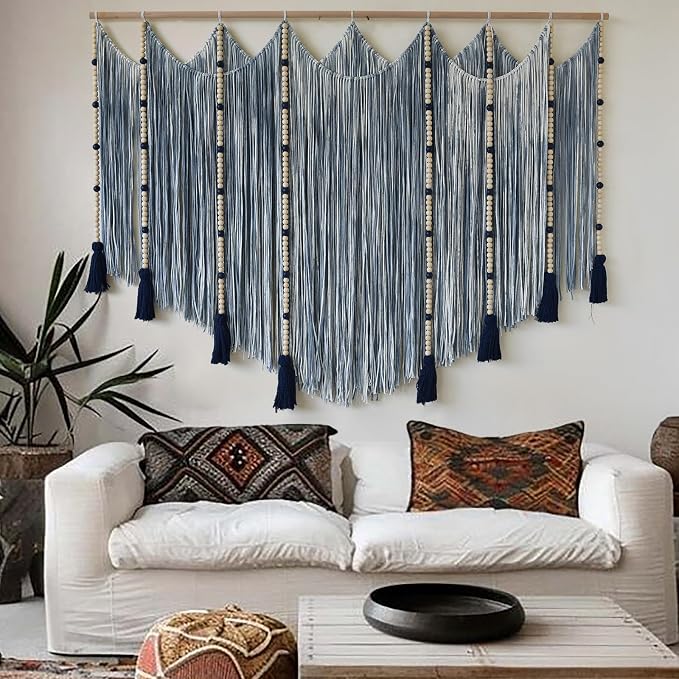 Jakalin Macrame Wall Hanging Blue Dip Dye Bead Boho Home Decor 57"x43" | Blue Dip-dye Cotton Cord, Handwoven Beadwork, Artisan Texture, Modern Boho Wall Decor, Home Accent Yarn Fiber Wall Art - Image 3