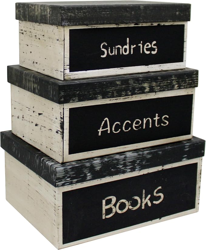 Primitive Vintage Rectangular “Sundries, Accents, Books” Cardboard Nesting Boxes, Large 12 X 9 X 5-1/2 Inch. Set of 3. by CVHOMEDECO
