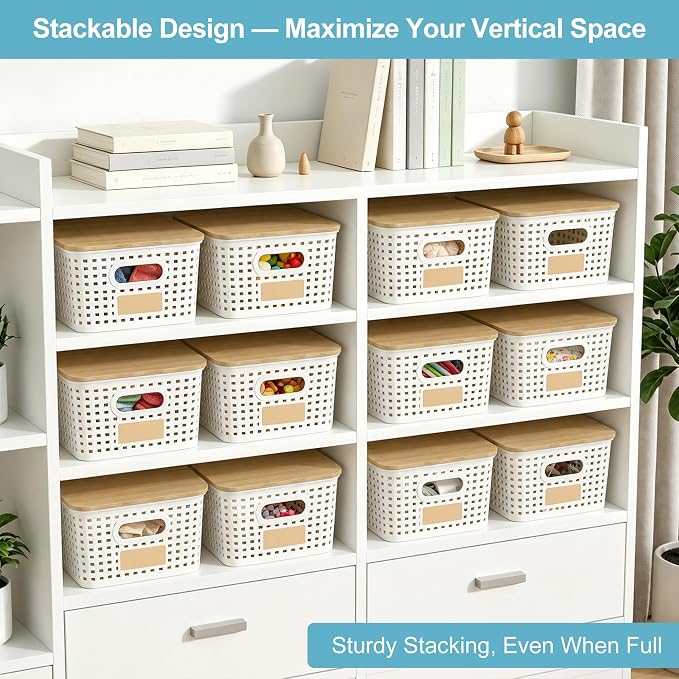 Small Plastic Storage Bins with Bamboo Lids 5.2qt Stackable Box Basket Pantry Decorative Containers Cute with Labels for Organizing Desktop Closet Office Cream White of 6 packs 10*7.2*4.1" - Image 3