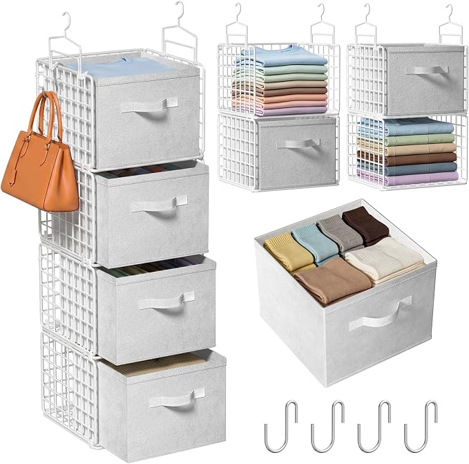 4 Tier Hanging Closet Organizer with 4 Drawers, White | Metal Hanging Shelves with 4 Hanging Hooks for Wardrobe Laundry Garage, No Sagging, Modular Design, Space Saving by Orapoke