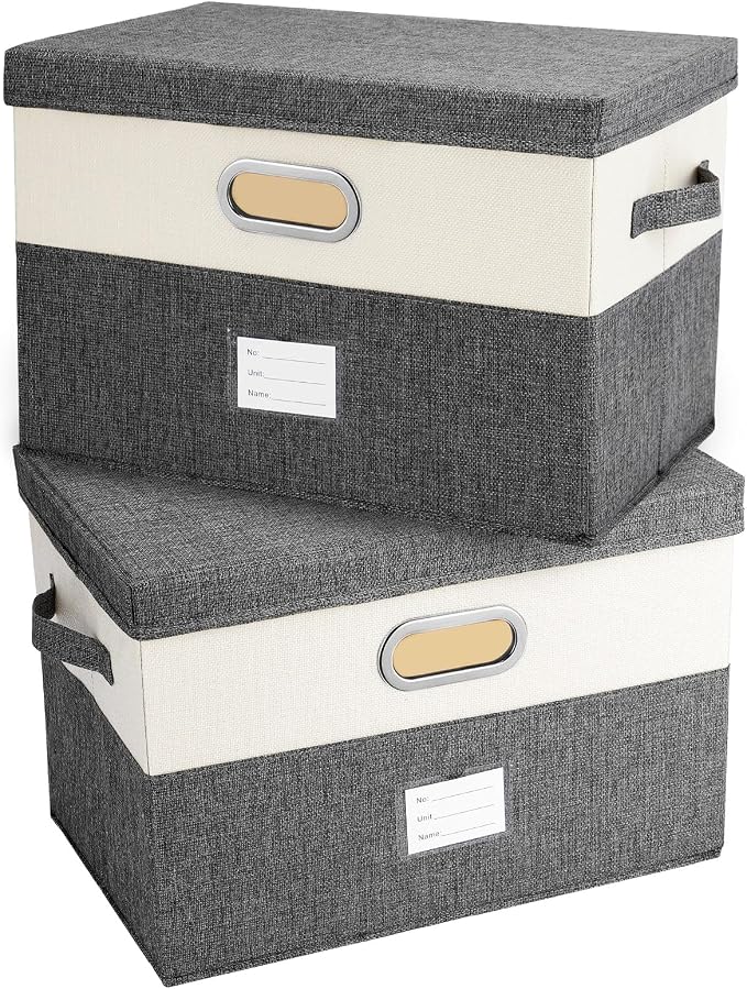 Large Linen Fabric Foldable Storage Bins with Removable Lid and Handles, Washable Storage Box Organizer Containers Baskets Cube with Cover for Bedroom,Office(grey&cream, Large(2-Pack)) by Unknown