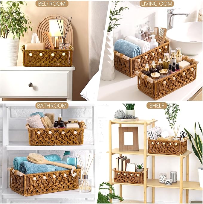 Vesici 4 Pcs Rustic Brown Macrame Storage Basket for Shelves 13 in 11 in Boho Basket Hand Woven Boxes with Wood Handles Beads Decorative Countertop Toilet Tank Cabinet Organizer for Home Room Decor - Image 4