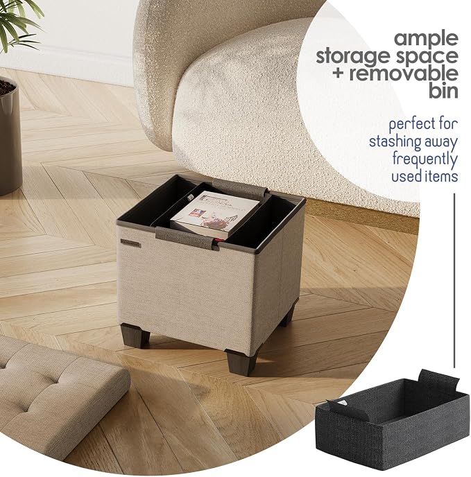 Storage Ottoman Cube with Small Bin, 15-in Square Ottoman with Storage for Living Room and Bedroom, Small Ottomans Foot Rest, Fabric Foot Stools Ottomans Max 330lbs, Taupe - Image 3