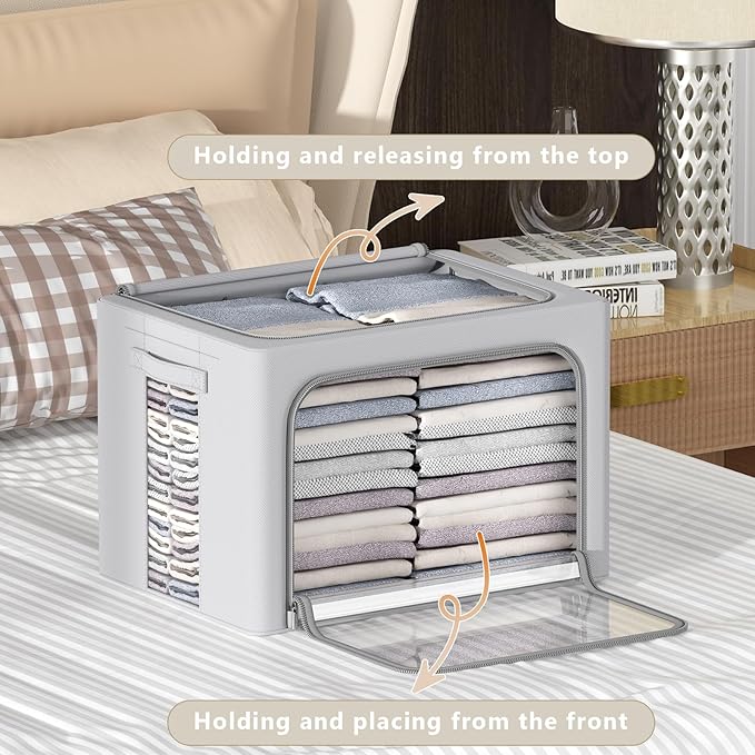 CYhom 3Pack Frame Storage Box - Clothes Storage Bin Bags Oxford Fabric Foldable Stackable Container Organizer Set with Clear Window & Carry Handles (Grey, Extra Large-100L) - Image 2